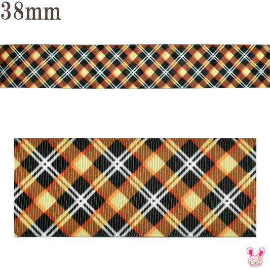 プリントリボン黒とオレンジイエローのチェックリボン幅38mm1m単位切り売り(3m以上)★