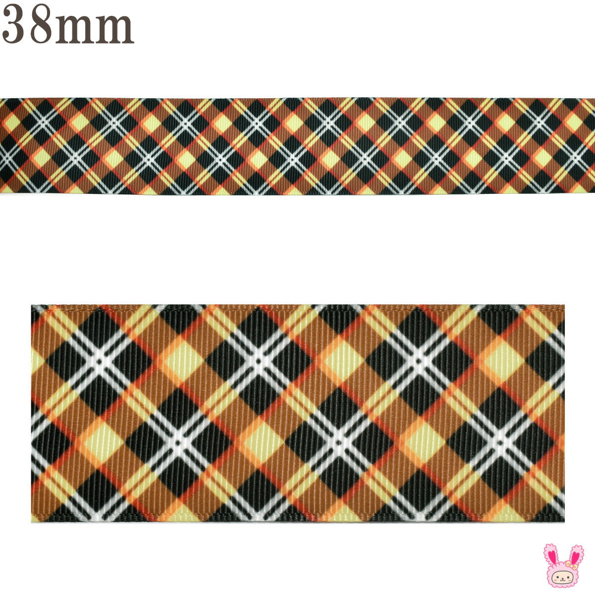 プリントリボン黒とオレンジイエローのチェックリボン幅38mm1m単位切り売り(3m以上)「在庫限り」★