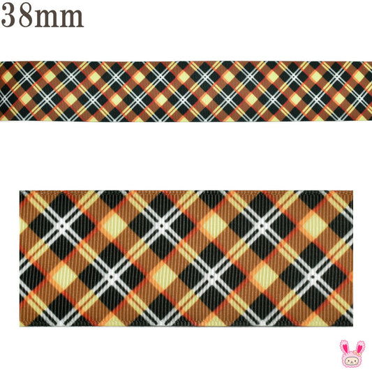 プリントリボン黒とオレンジイエローのチェックリボン幅38mm1m単位切り売り(3m以上)「在庫限り」★