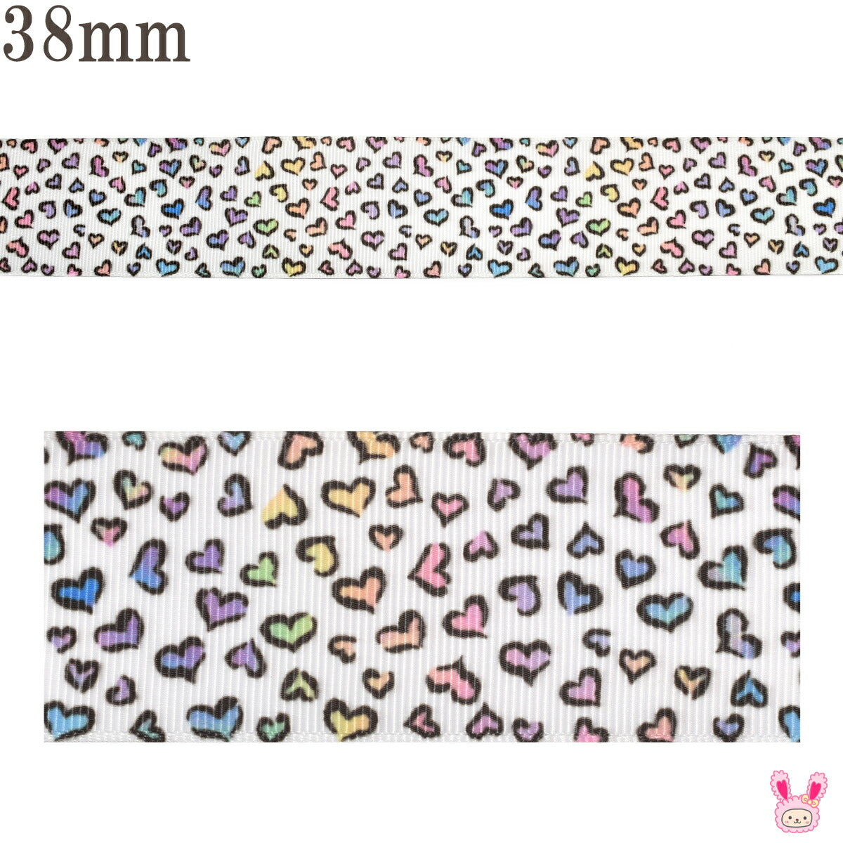 プリントリボンカラフルレインボーなハートリボン幅38mm1m単位切り売り(2m以上)