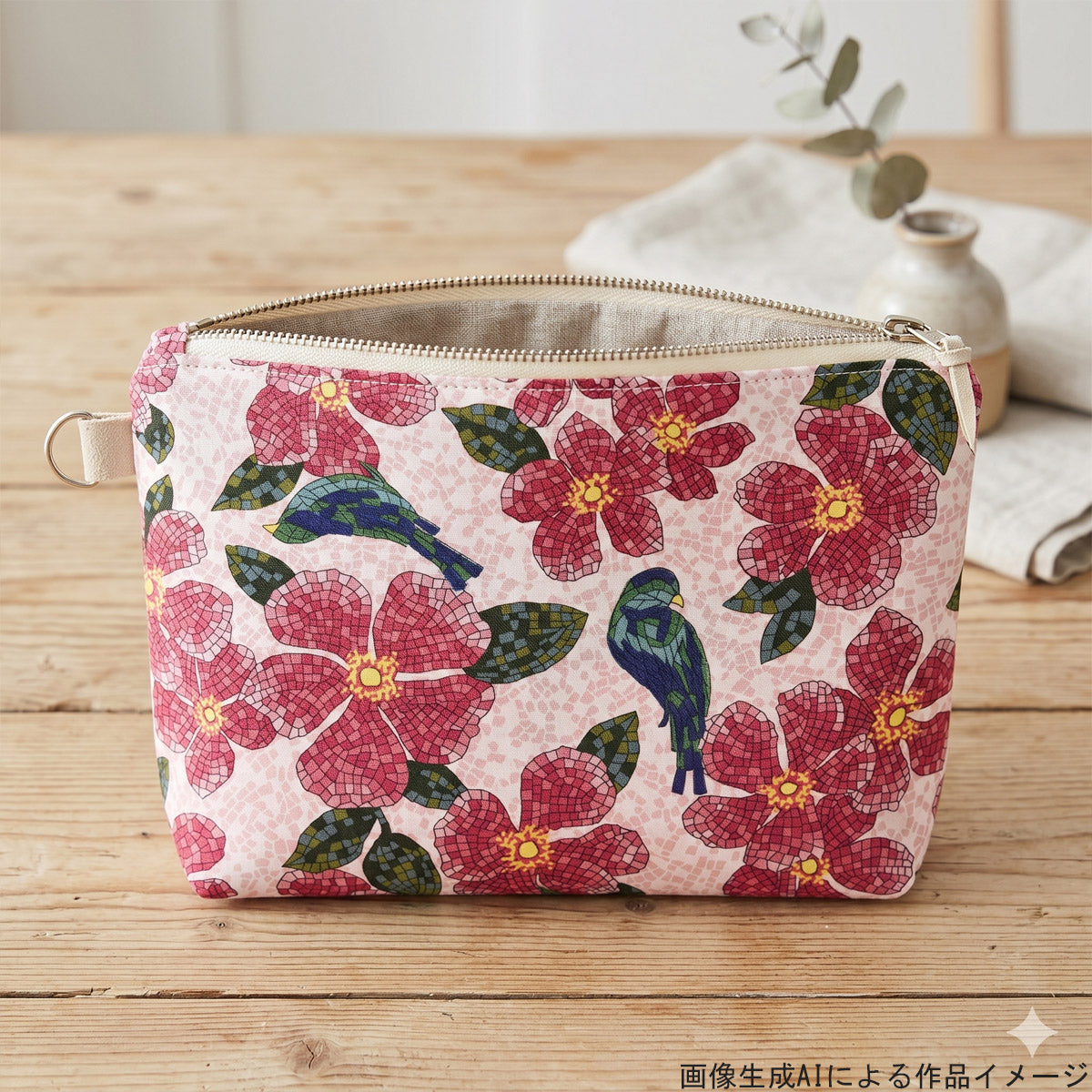花と鳥のタイルアートシーチング生地NN2311-11コスモ(30cm以上10cm単位切り売り)「在庫限り」