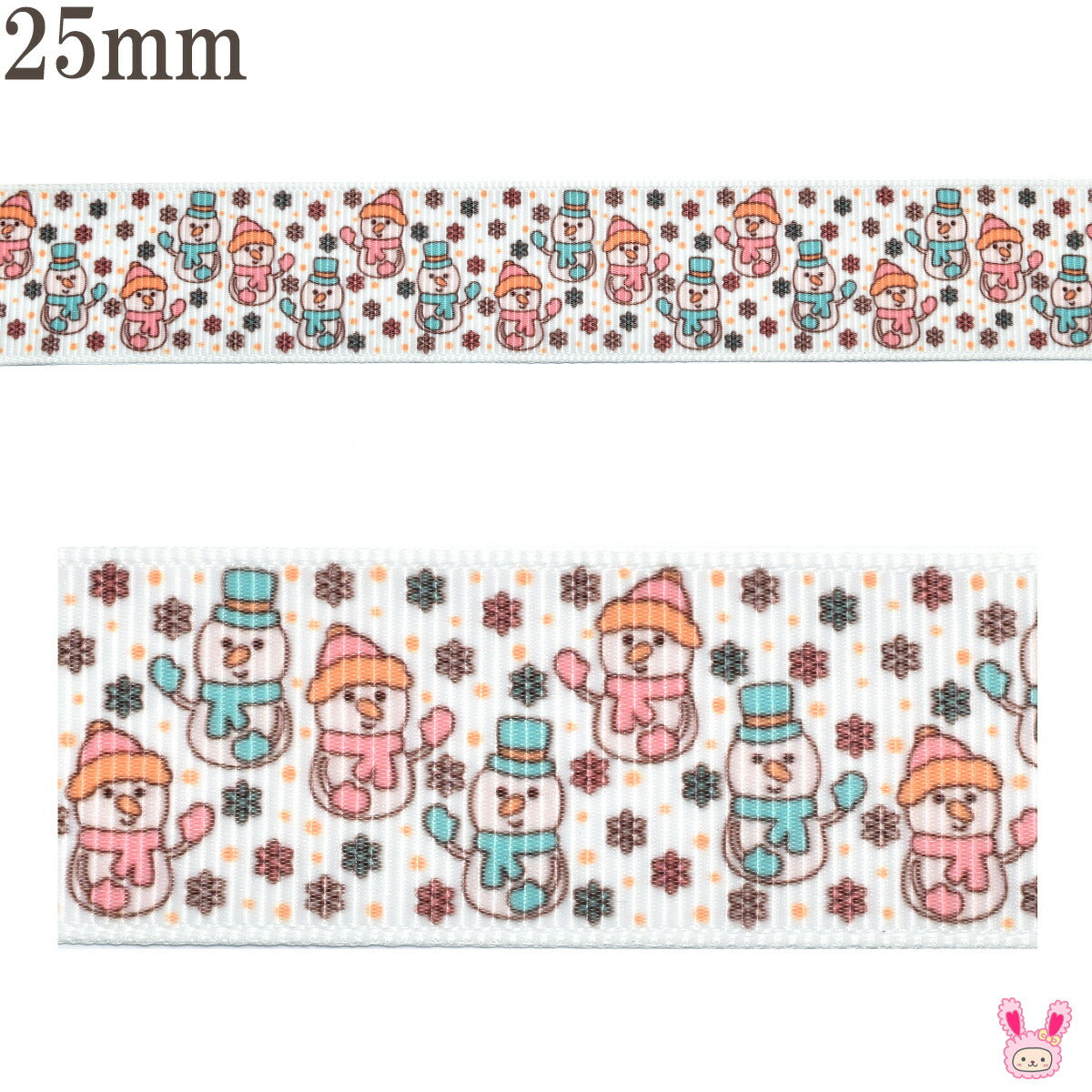プリントリボン手を振る2色の雪だるまリボン幅25mm1m単位切り売り(3m以上)
