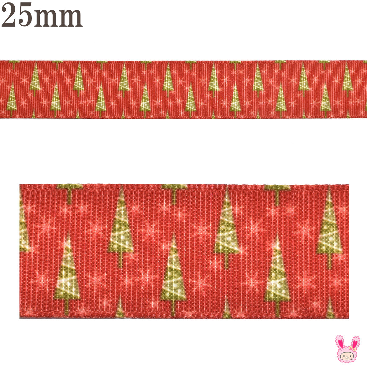 プリントリボンクリスマスクリスマスツリーと結晶の赤いリボン幅25mm1m単位切り売り(3m以上)★
