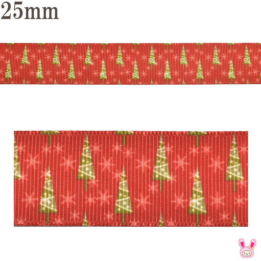 プリントリボンクリスマスクリスマスツリーと結晶の赤いリボン幅25mm1m単位切り売り(3m以上)★