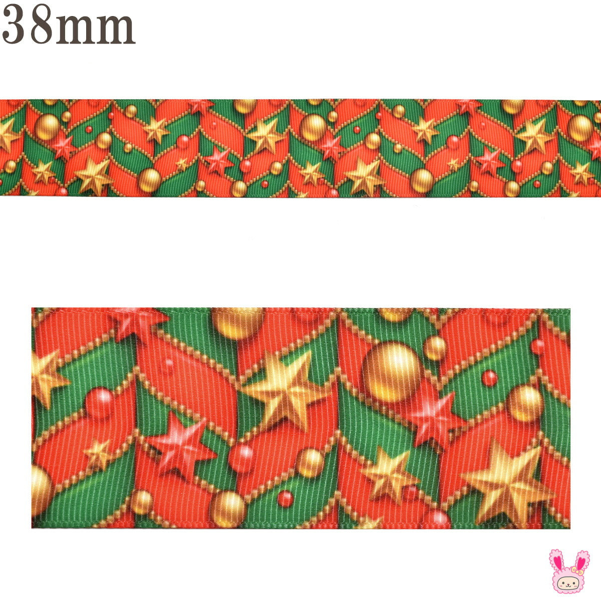 プリントリボンクリスマスクリスマス飾りと縞柄リボン幅38mm1m単位切り売り(2m以上)