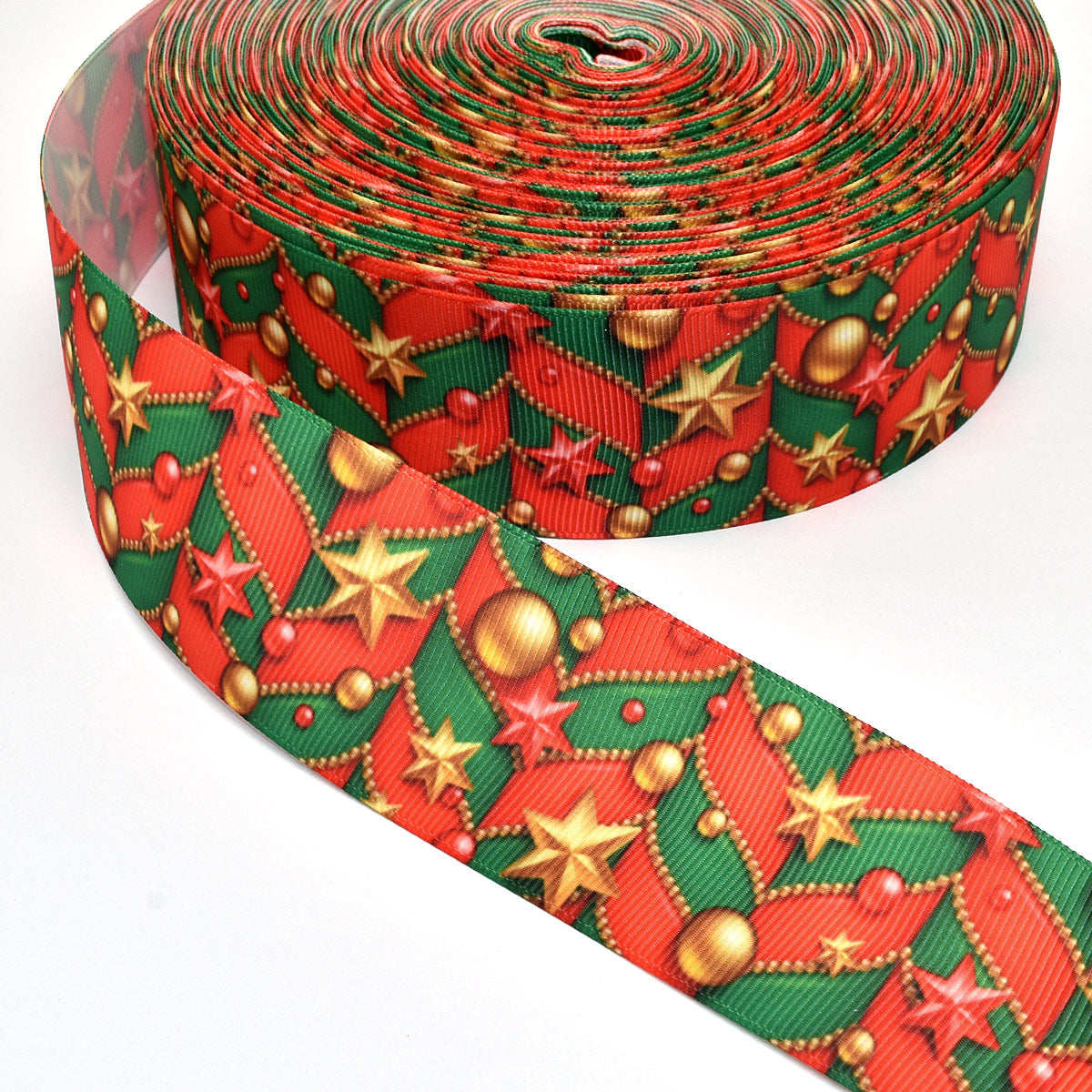 プリントリボンクリスマスクリスマス飾りと縞柄リボン幅38mm1m単位切り売り(2m以上)