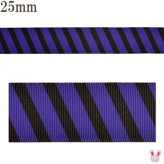 プリントリボンダークパープルと黒のストライプリボン幅25mm1m単位切り売り(3m以上)