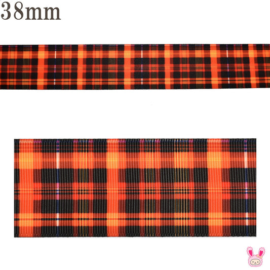 プリントリボンネオンオレンジと黒のチェックリボン幅38mm1m単位切り売り(2m以上)