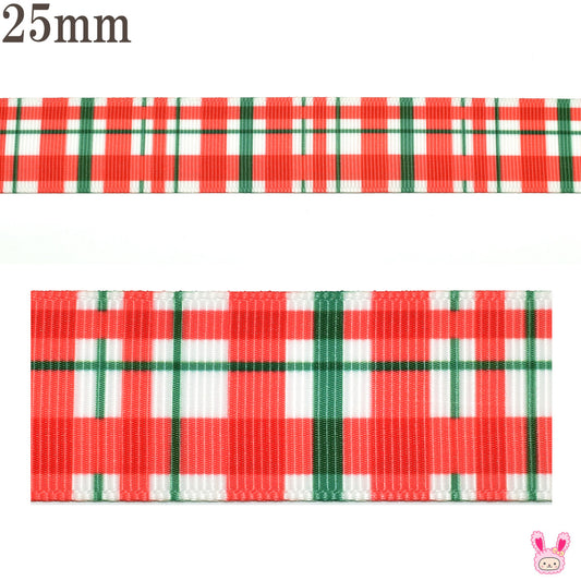 プリントリボン赤と白と緑のチェックリボン幅25mm1m単位切り売り(3m以上)