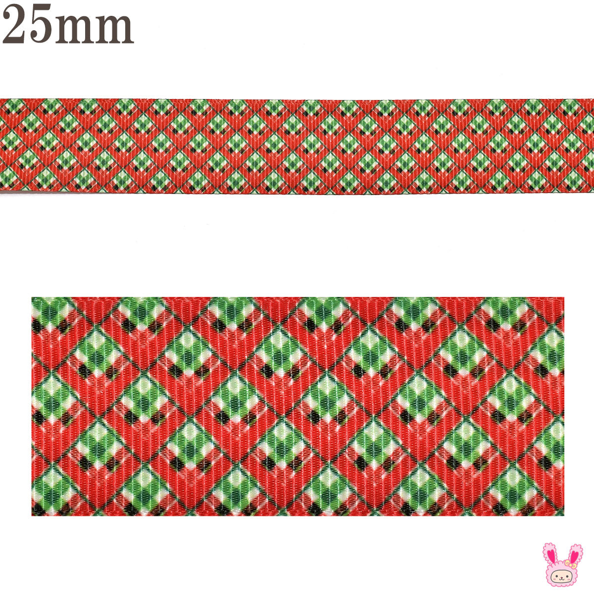 プリントリボン赤と緑のチェックダイヤ柄リボン幅25mm1m単位切り売り(3m以上)★