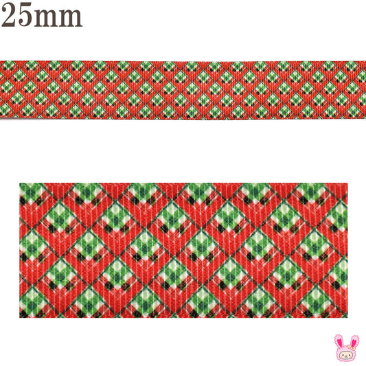 プリントリボン赤と緑のチェックダイヤ柄リボン幅25mm1m単位切り売り(3m以上)★