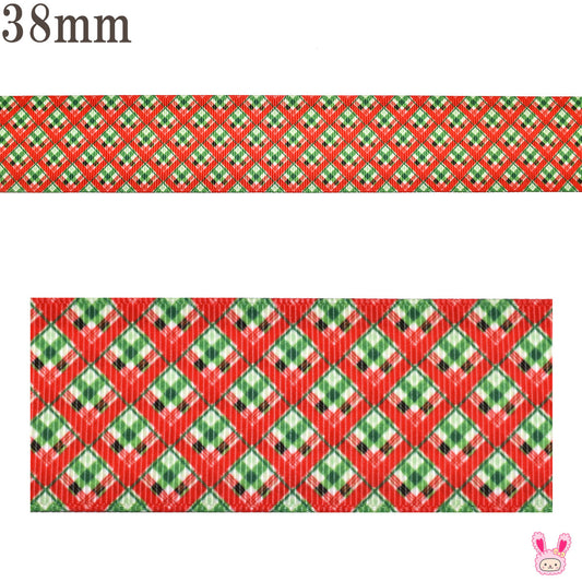 プリントリボン赤と緑のチェックダイヤ柄リボン幅38mm1m単位切り売り(3m以上)★