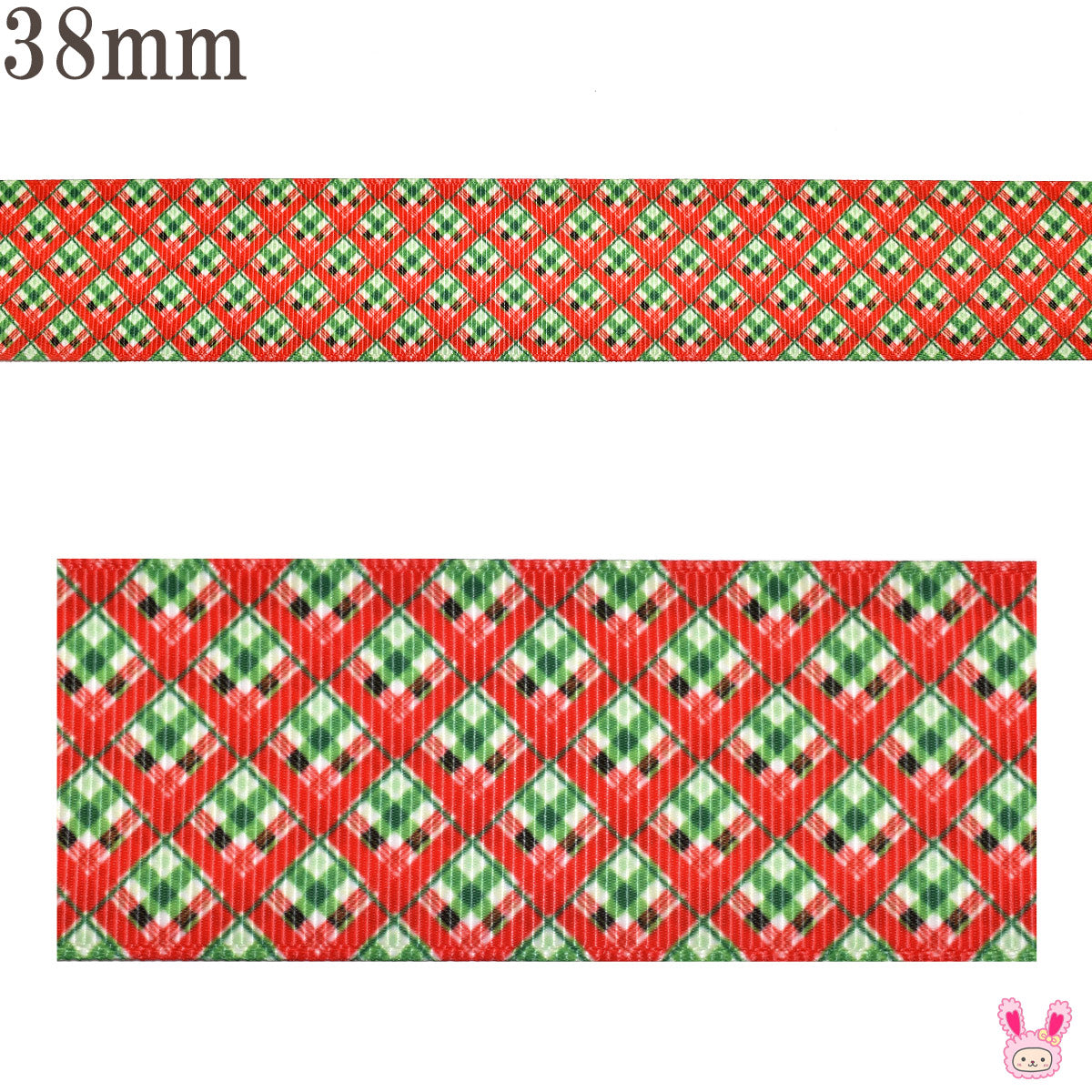 プリントリボン赤と緑のチェックダイヤ柄リボン幅38mm1m単位切り売り(3m以上)「在庫限り」★