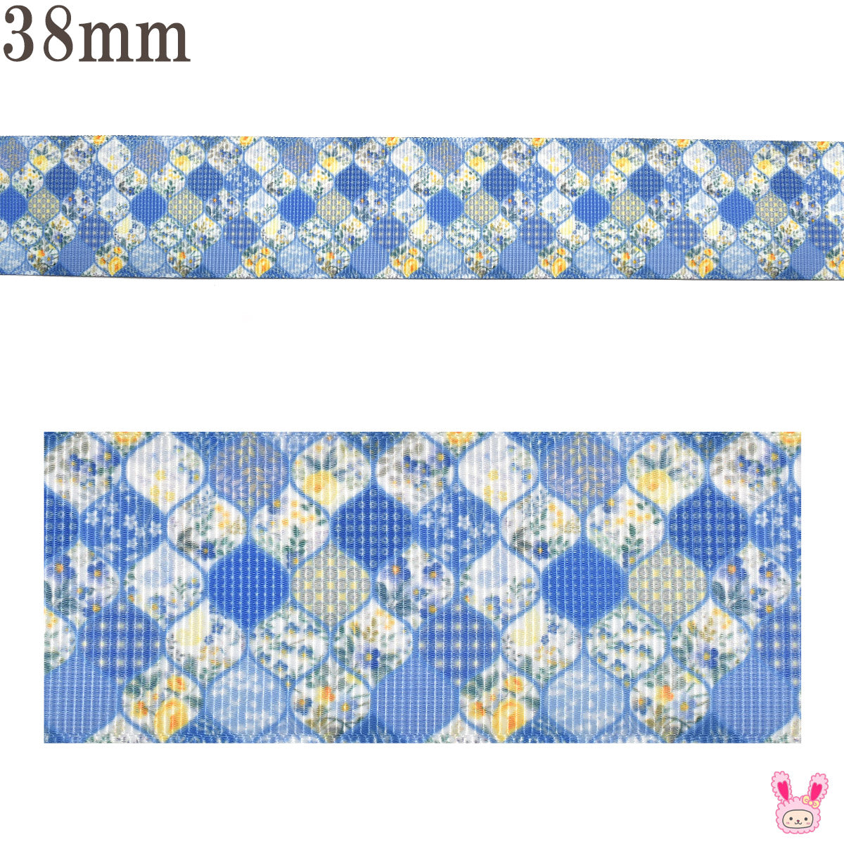 プリントリボンおしゃれかわいいブルーのモロッカンリボン幅38mm1m単位切り売り(2m以上)