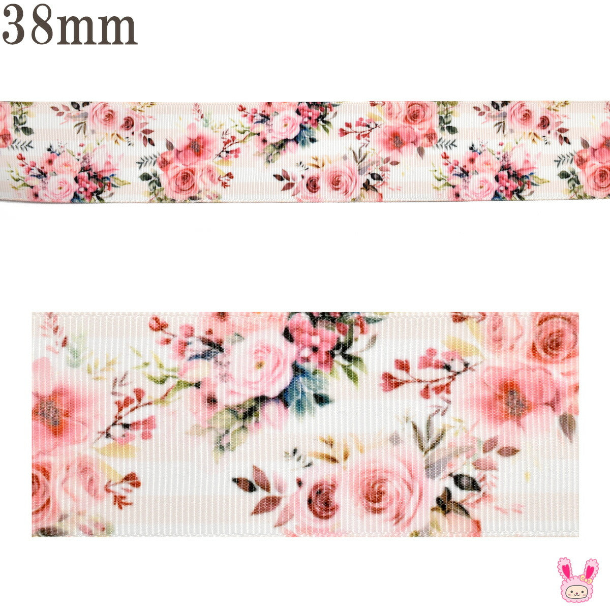 プリントリボンピンクのブーケと淡いボーダーリボン幅38mm1m単位切り売り(2m以上)