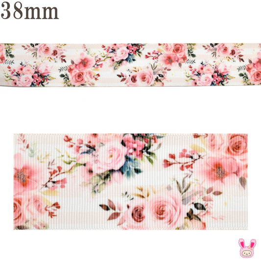 プリントリボンピンクのブーケと淡いボーダーリボン幅38mm1m単位切り売り(2m以上)