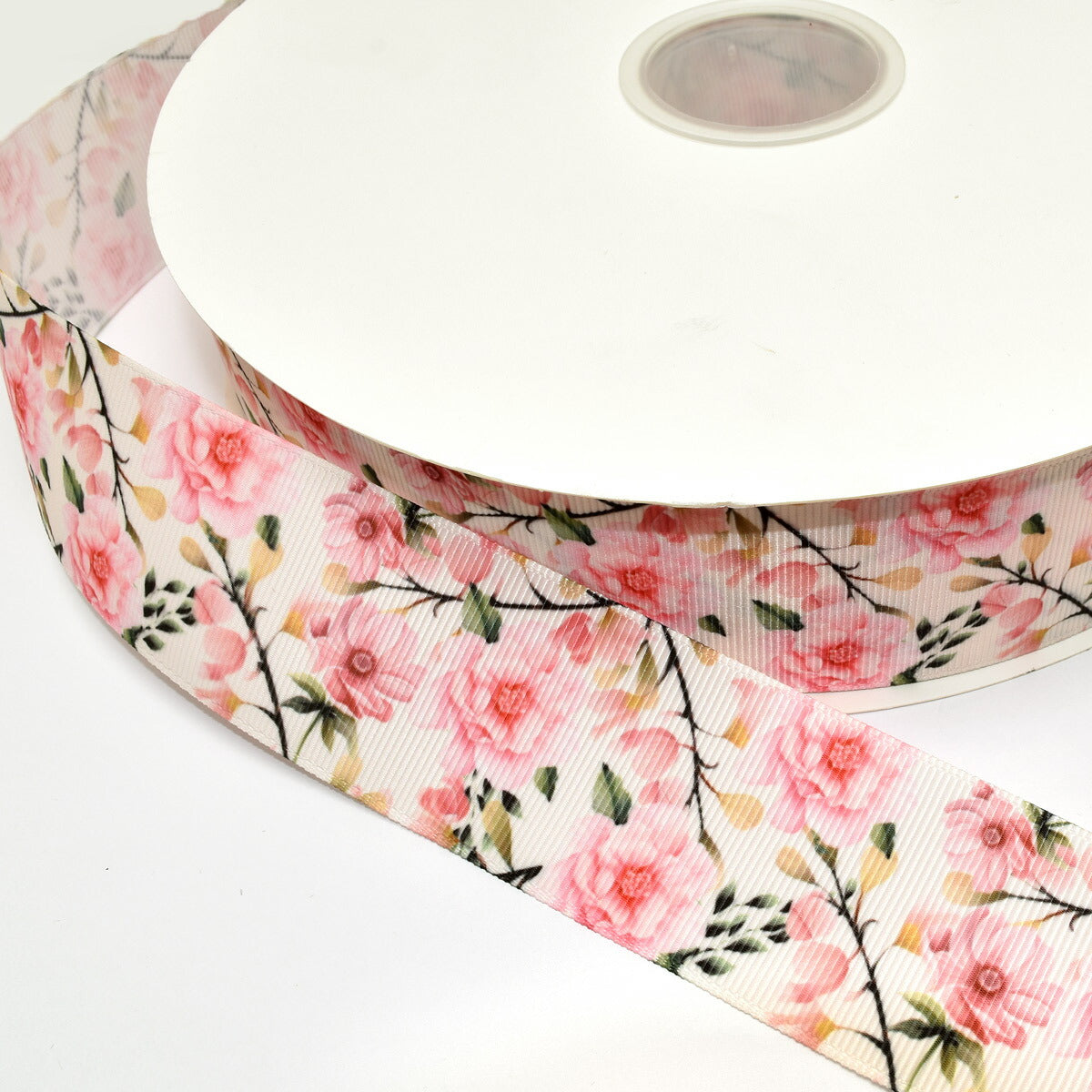 プリントリボンロマンティックなピンクの花枝リボン幅38mm1m単位切り売り(2m以上)