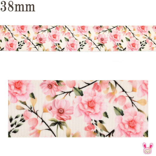 プリントリボンロマンティックなピンクの花枝リボン幅38mm1m単位切り売り(2m以上)