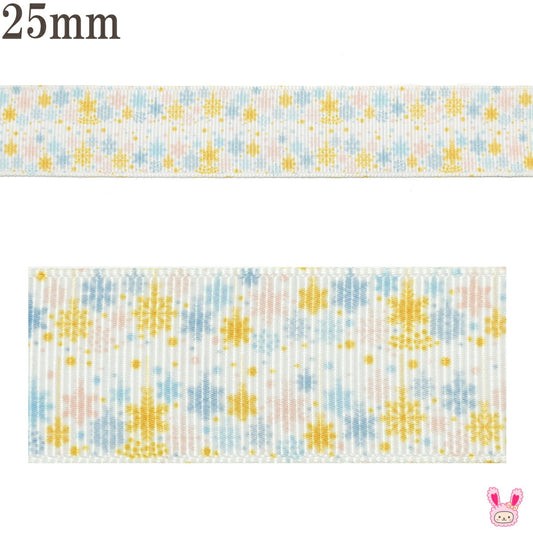 プリントリボン雪の結晶のオーナメントリボン幅25mm1m単位切り売り(3m以上)「在庫限り」