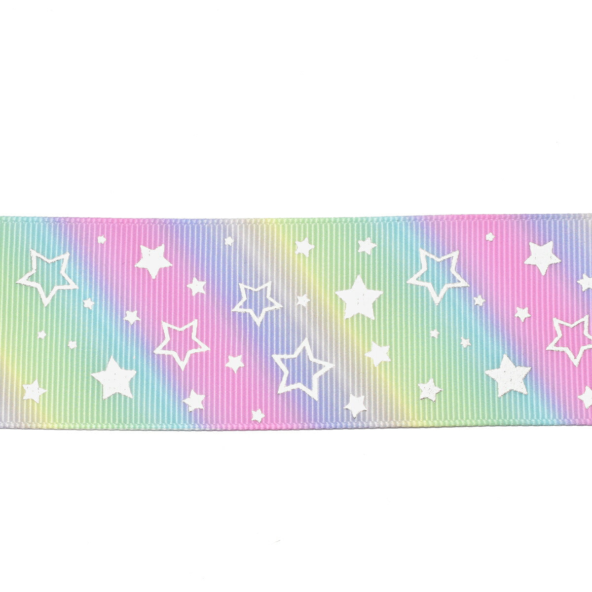 プリントリボン　箔押しスターの虹色リボン　幅38mm　1m単位　切り売り　(2m以上)