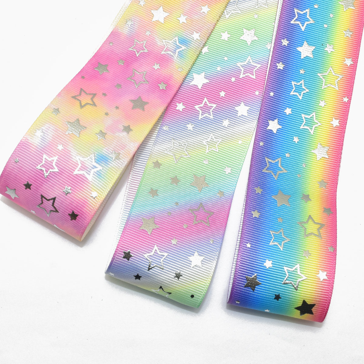 プリントリボン箔押しスターの虹色リボン幅38mm1m単位切り売り(2m以上)