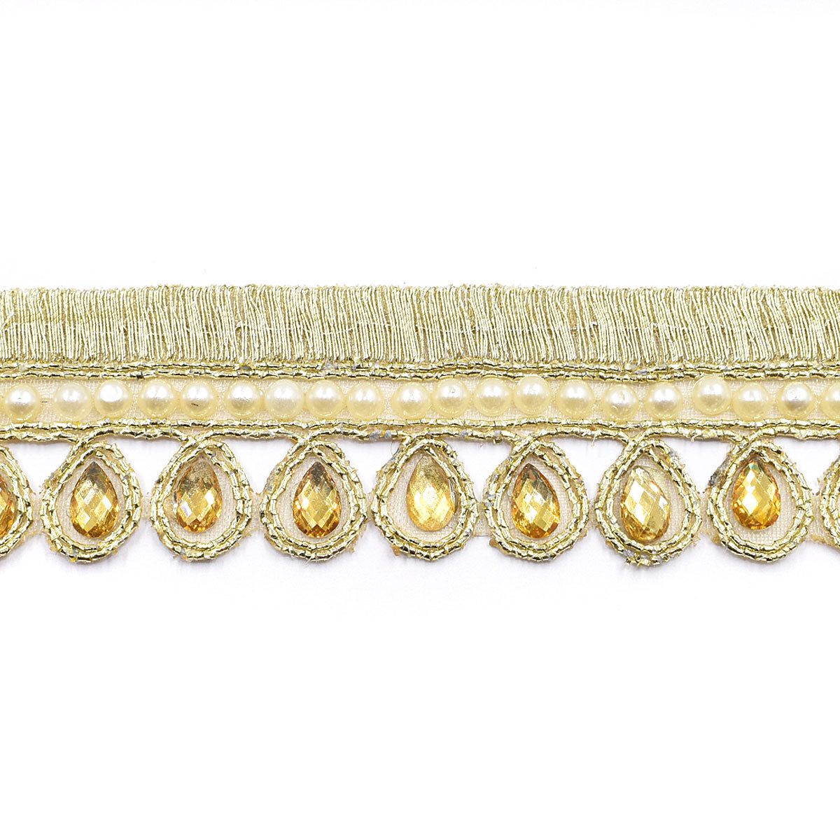 インド刺繍リボン　パールラインとティアドロップストーンリボン　幅30mm　10cm単位　切り売り　(30cm以上)