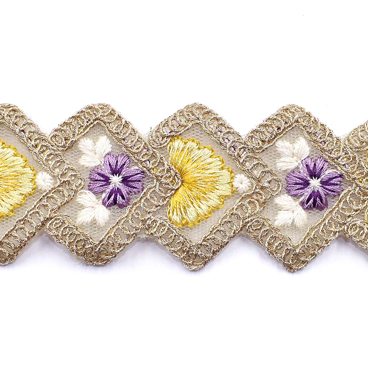 インド刺繍リボン　ひし形フレームのフラワー刺繍リボン　幅40mm　10cm単位　切り売り　(30cm以上)