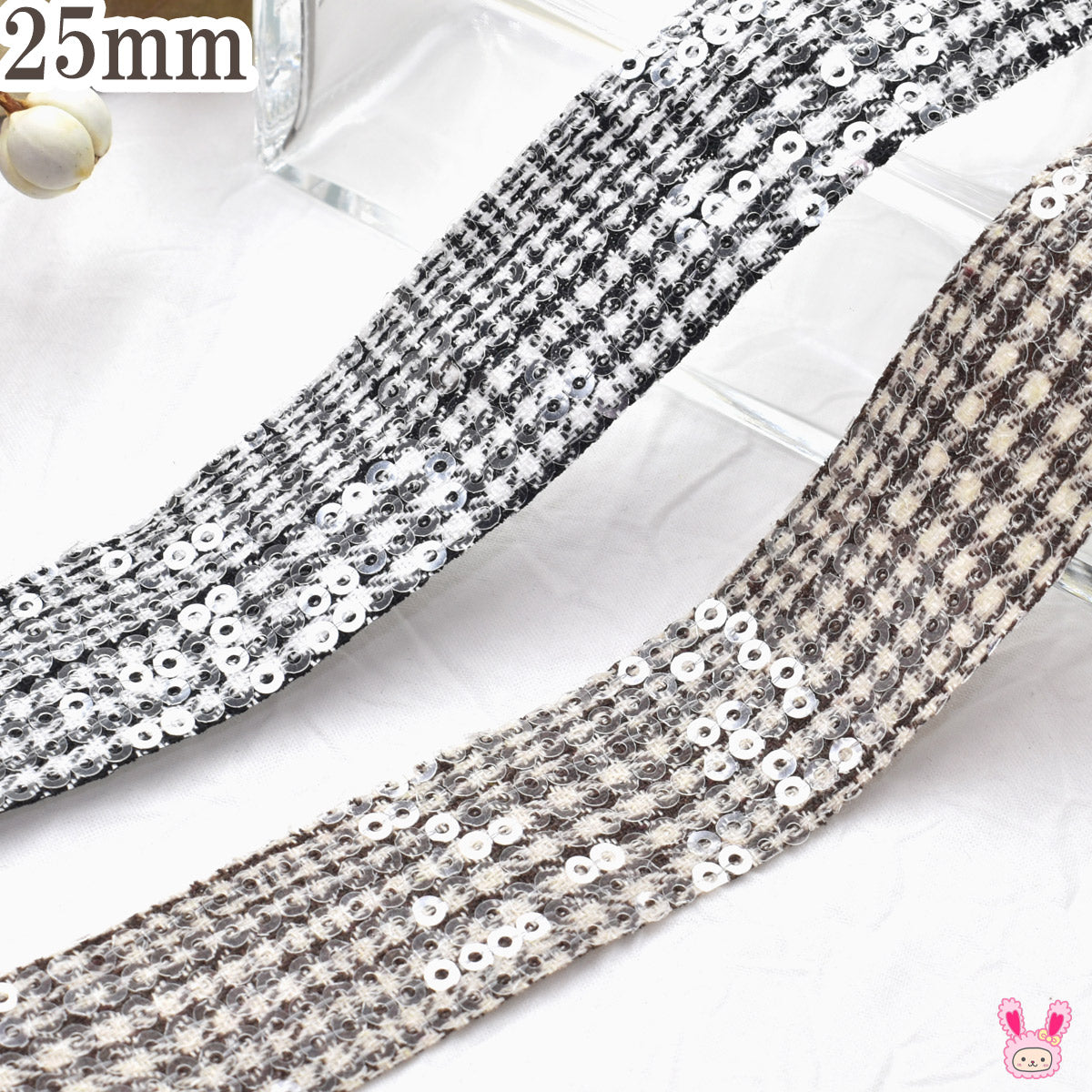 片面スパンコールチェック柄リボン幅25mm1m単位切り売り(2m以上)★