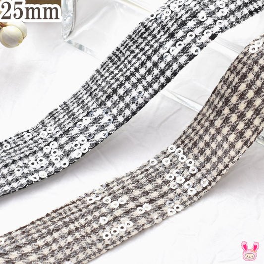 片面スパンコールチェック柄リボン幅25mm1m単位切り売り(2m以上)★
