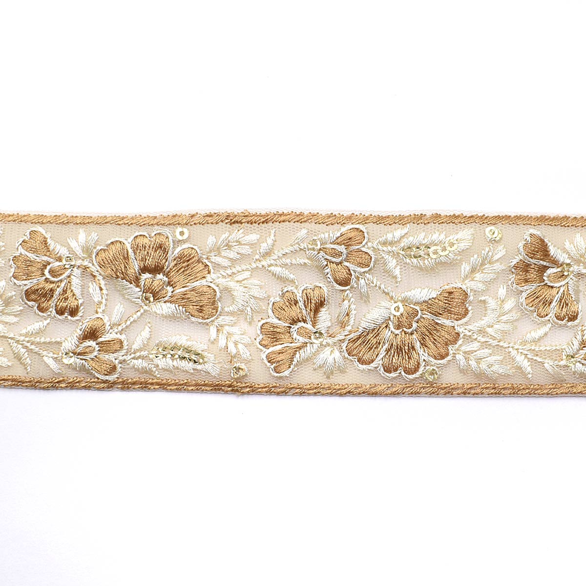 インド刺繍リボン　優雅なバイカラーの花柄刺繍リボン　幅42mm　10cm単位　切り売り　(30cm以上)