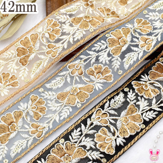 インド刺繍リボン優雅なバイカラーの花柄刺繍リボン幅42mm10cm単位切り売り(30cm以上)
