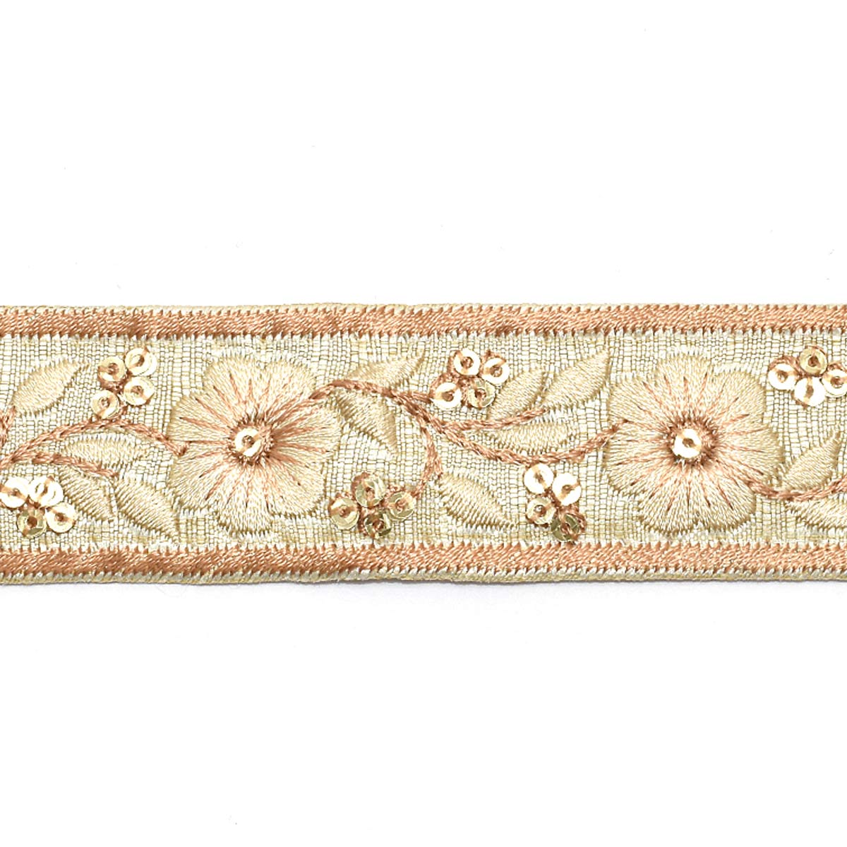インド刺繍リボン　ゴールドスパンコール付き花柄と縁取り刺繍リボン　幅30mm　10cm単位　切り売り　(30cm以上)