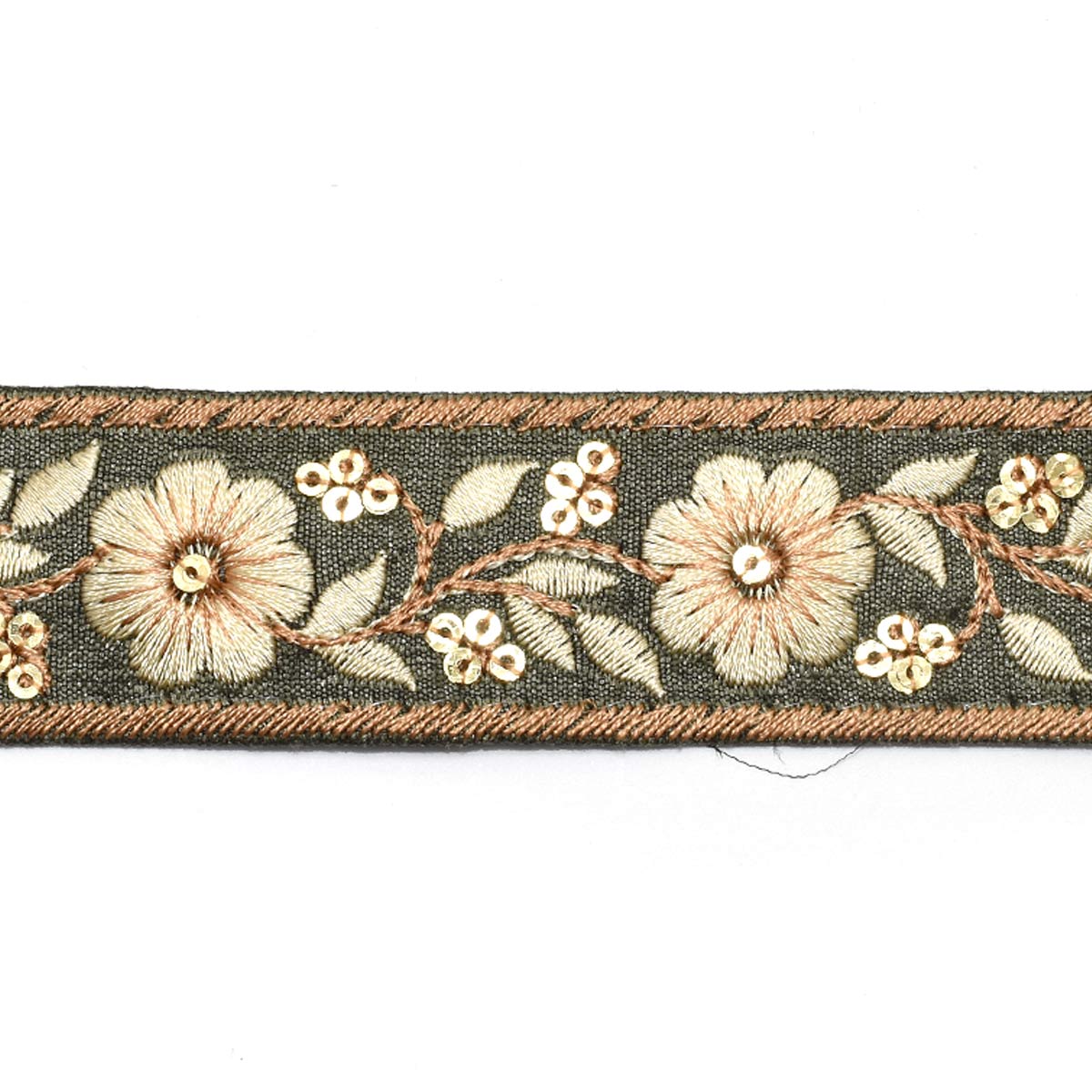 インド刺繍リボン　ゴールドスパンコール付き花柄と縁取り刺繍リボン　幅30mm　10cm単位　切り売り　(30cm以上)