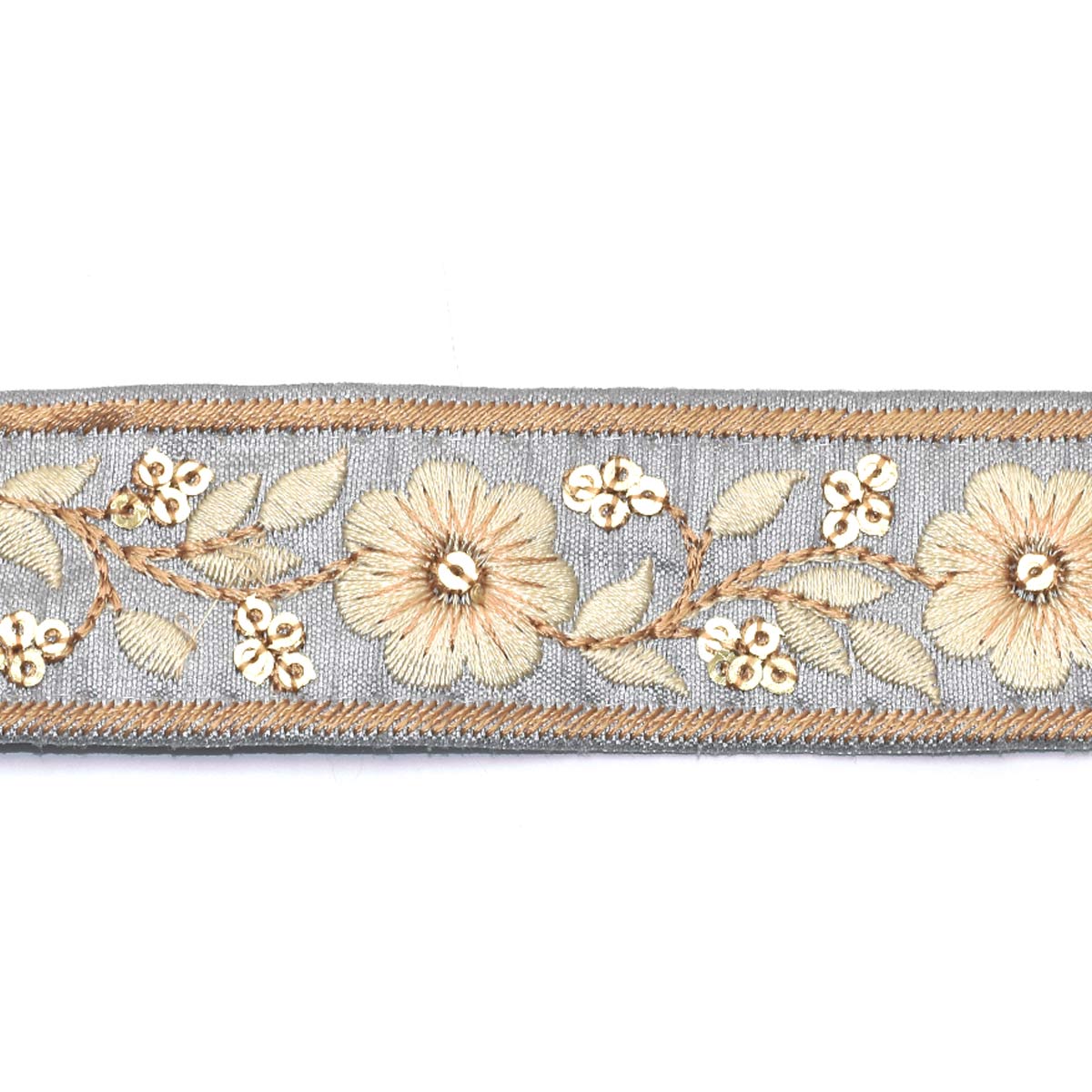 インド刺繍リボン　ゴールドスパンコール付き花柄と縁取り刺繍リボン　幅30mm　10cm単位　切り売り　(30cm以上)