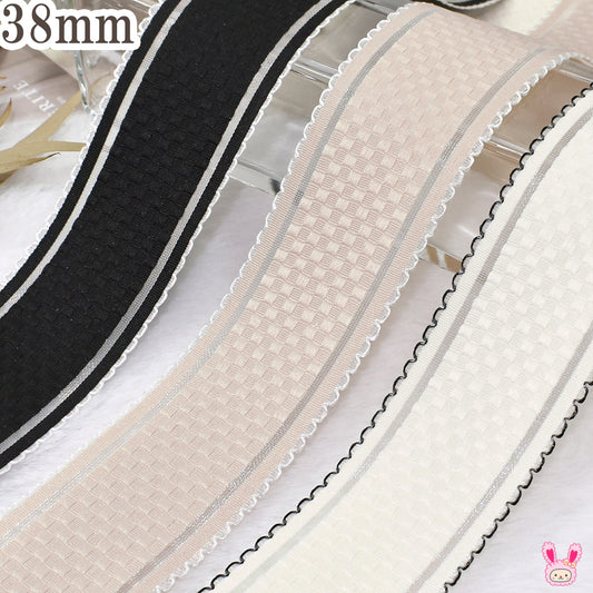 シアーラインとチェック織りのスカラップリボン幅38mm1m単位切り売り