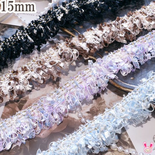 片側フリンジのラメ入りツイードリボン幅15mm1m単位切り売り