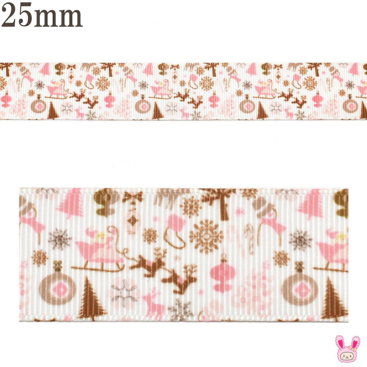 プリントリボンメルヘンかわいいピンクのクリスマスリボン幅25mm1m単位切り売り(3m以上)