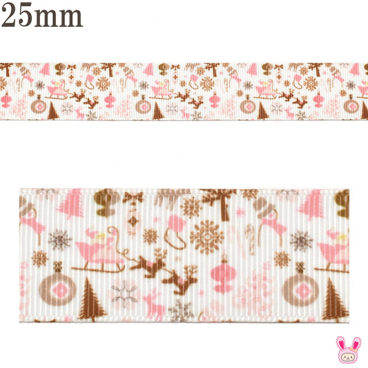 プリントリボンメルヘンかわいいピンクのクリスマスリボン幅25mm1m単位切り売り(3m以上)