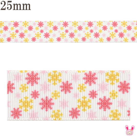 プリントリボンピンクと黄色の雪の結晶リボン幅25mm1m単位切り売り(3m以上)