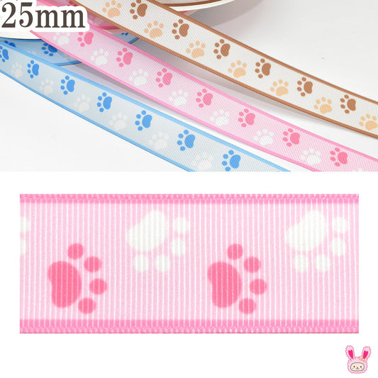 プリントリボンバイカラーの犬猫肉球リボン幅25mm1m単位切り売り(3m以上)