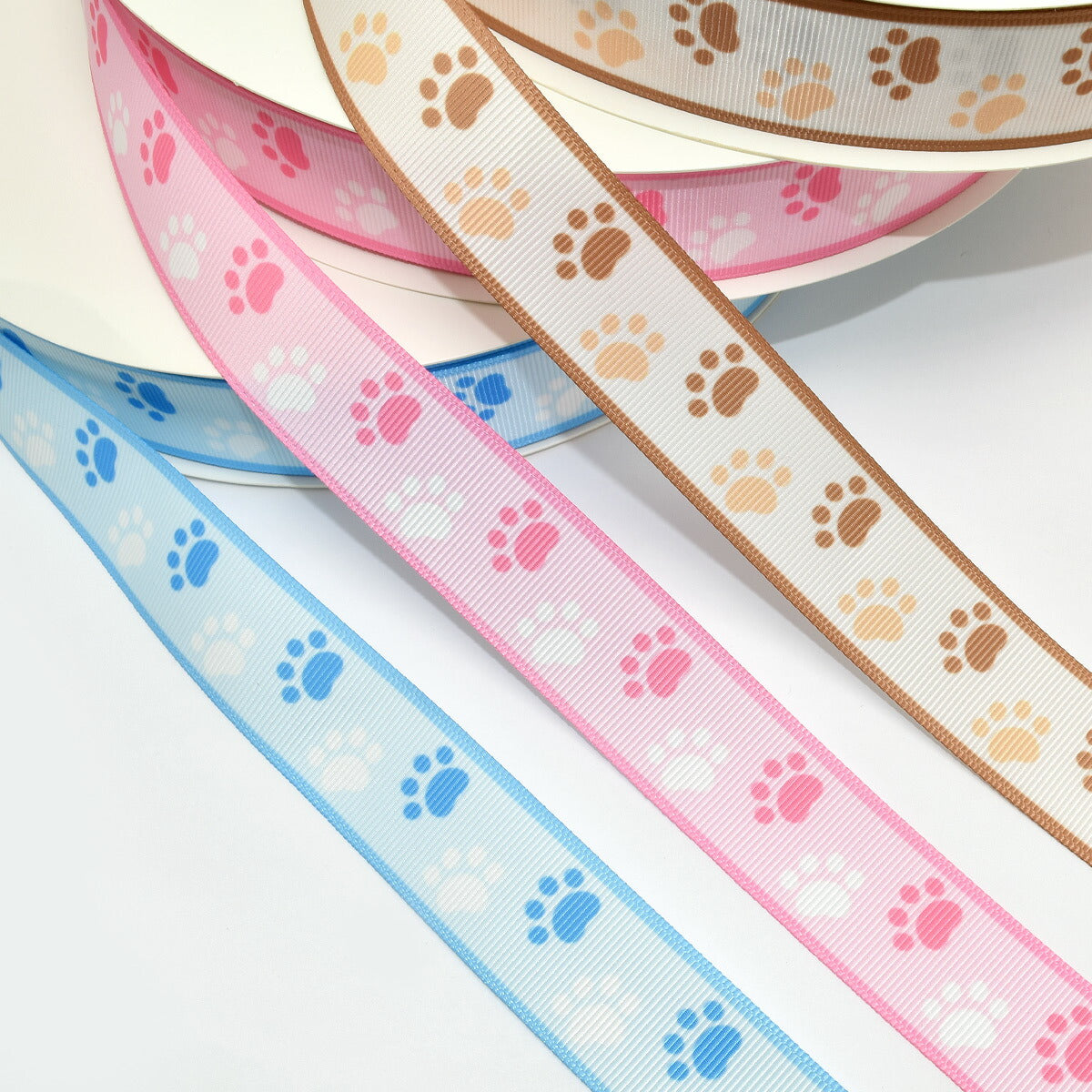 プリントリボンバイカラーの犬猫肉球リボン幅25mm1m単位切り売り(3m以上)