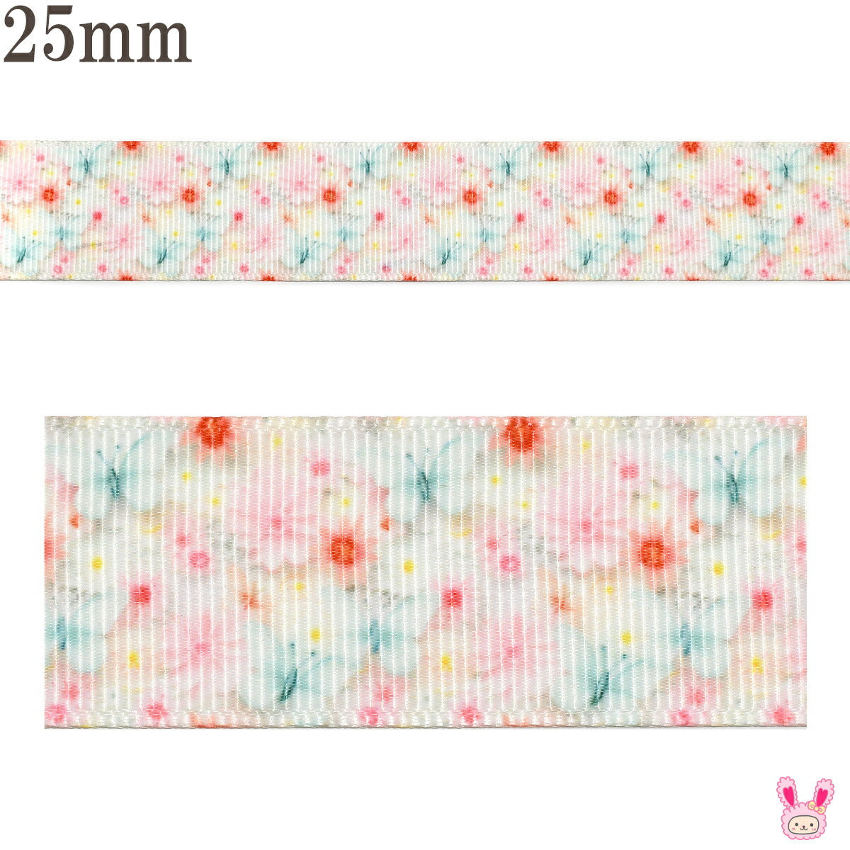 プリントリボンお花畑とブルーグリーンの蝶々リボン幅25mm1m単位切り売り(3m以上)