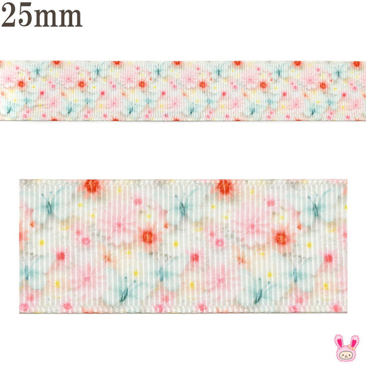 プリントリボンお花畑とブルーグリーンの蝶々リボン幅25mm1m単位切り売り(3m以上)
