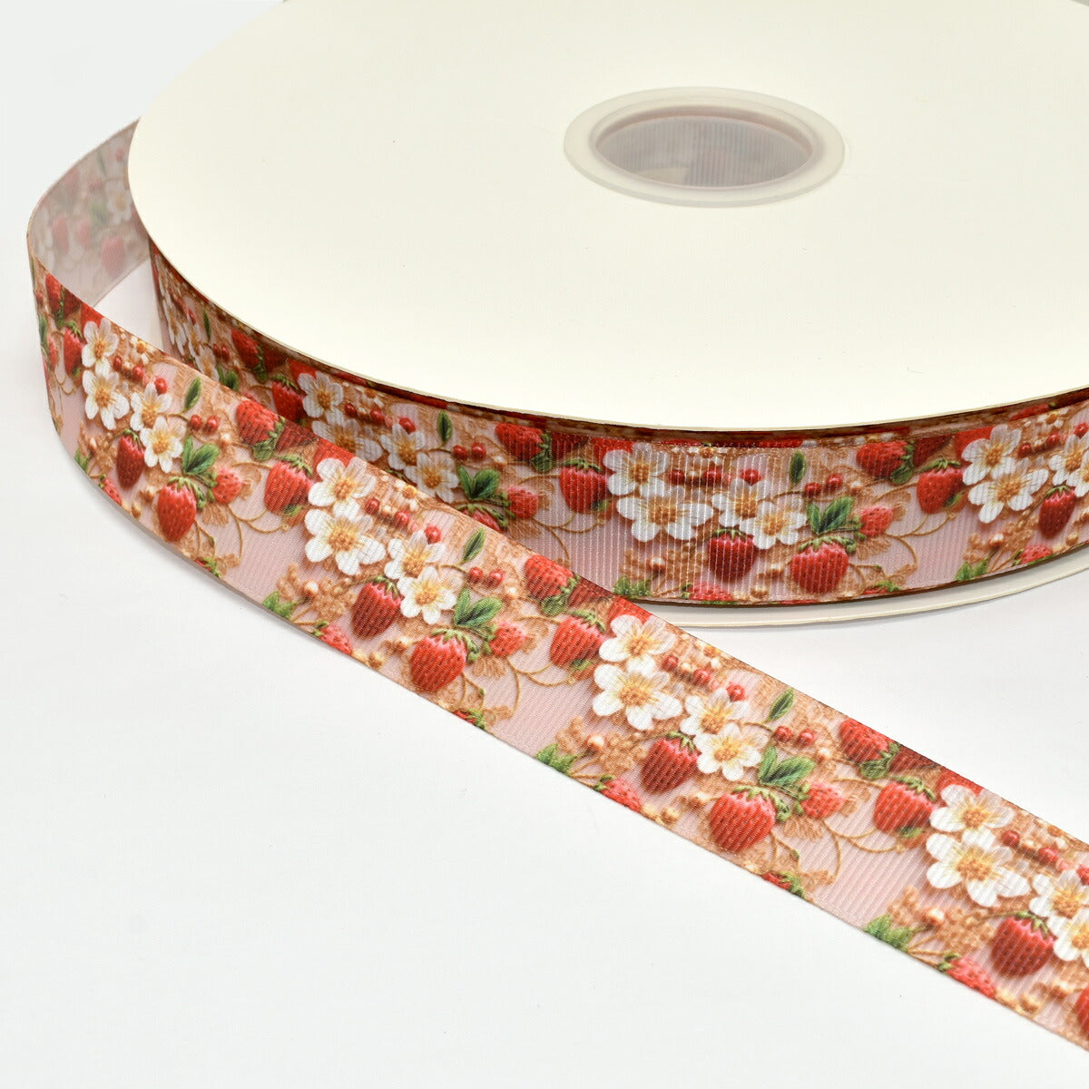 プリントリボン3Dお花とストロベリーリボン幅25mm1m単位切り売り(3m以上)