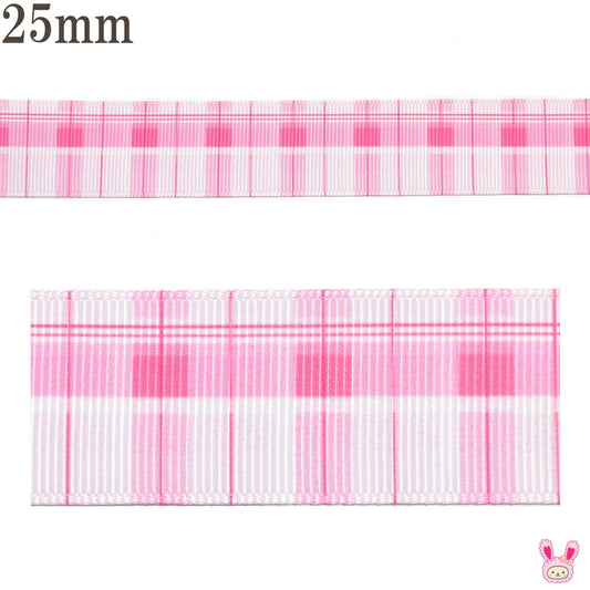 プリントリボンピンクのシャープチェックリボン幅25mm1m単位切り売り(3m以上)