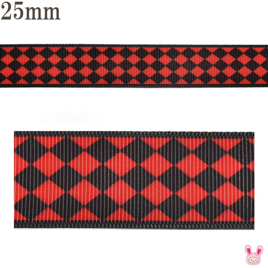 プリントリボンダイヤチェック柄リボン幅25mm1m単位切り売り(3m以上)