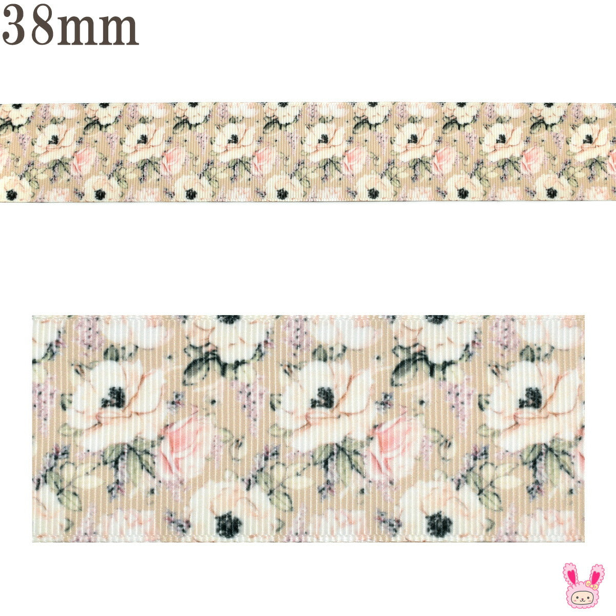 プリントリボンアネモネのベージュリボン幅38mm1m単位切り売り(2m以上)