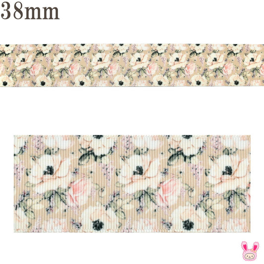 プリントリボンアネモネのベージュリボン幅38mm1m単位切り売り(2m以上)