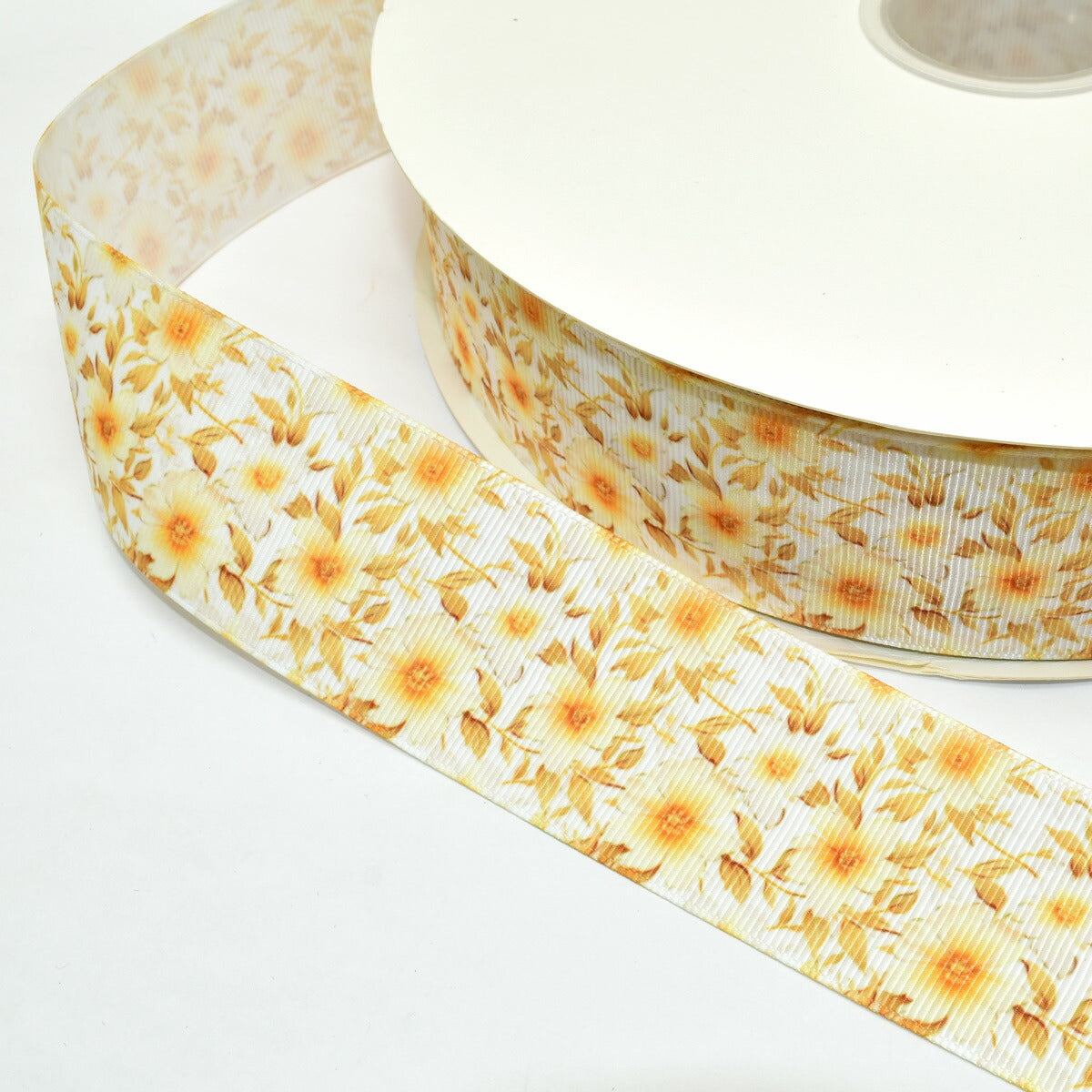 プリントリボンハニーゴールドの花柄リボン幅38mm1m単位切り売り(2m以上)