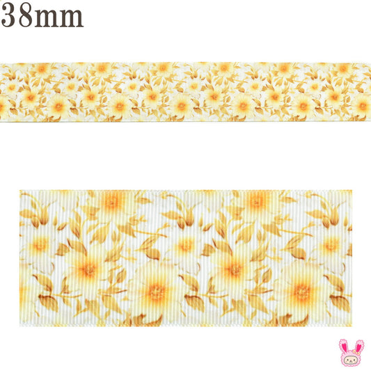 プリントリボンハニーゴールドの花柄リボン幅38mm1m単位切り売り(2m以上)